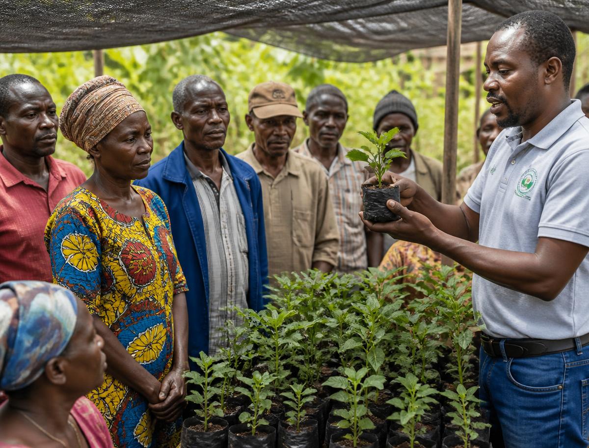 Extension agent training farmers in a clove nursery